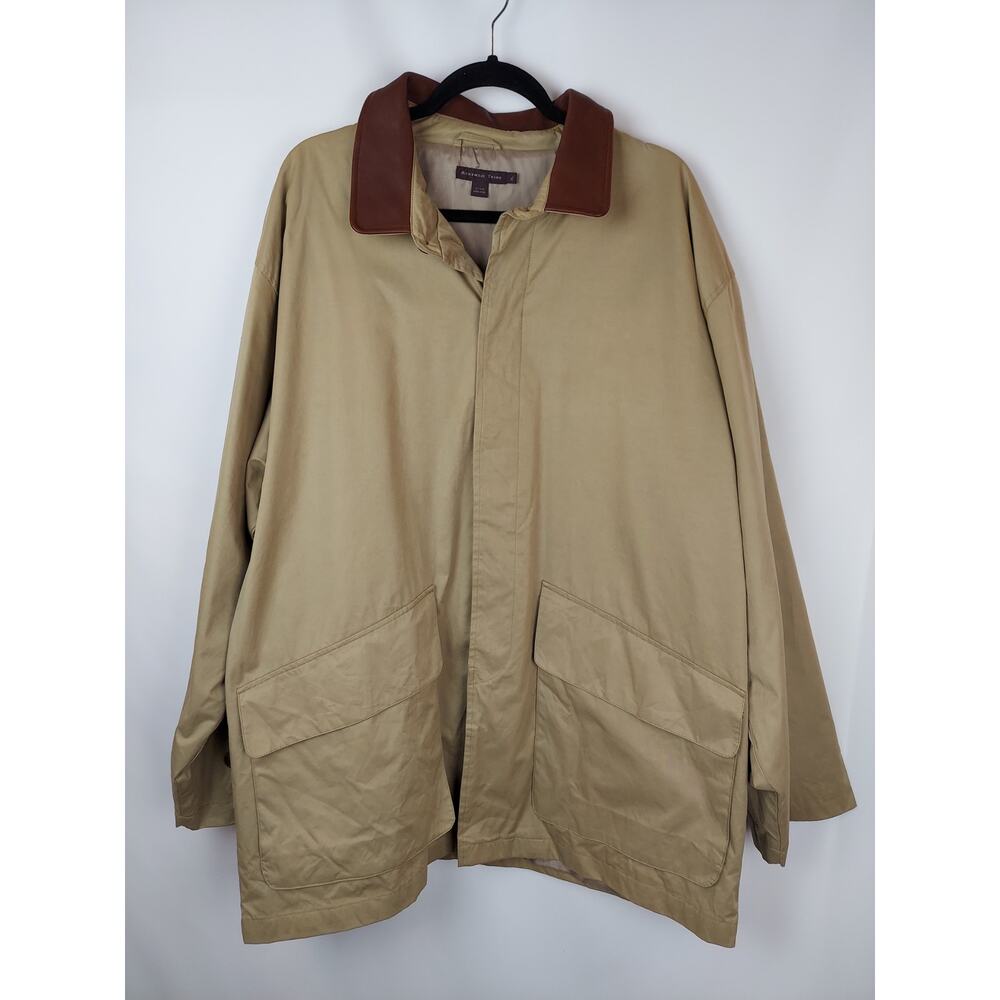 Mckenzie Tribe Men's Tan Trench Coat With Brown Leather Collar Trim Sz XL